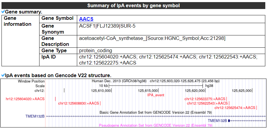 Summary of AACS - An image showing the overall information of AACS such as Gene Symbol, Gene Synonym,	Gene Description,	Gene Type and	IpA ID. Gene Symbol is AACS,	Gene Synonym is C14orf41|S171|c14_5527,	Gene Description is AACS_homolog_(Drosophila)_[Source:HGNC_Symbol;Acc:8060],	Gene Type is protein_coding and	IpA ID is chr12:125622275:+AACS; chr14:73748127:-AACS; chr14:73875622:-AACS.