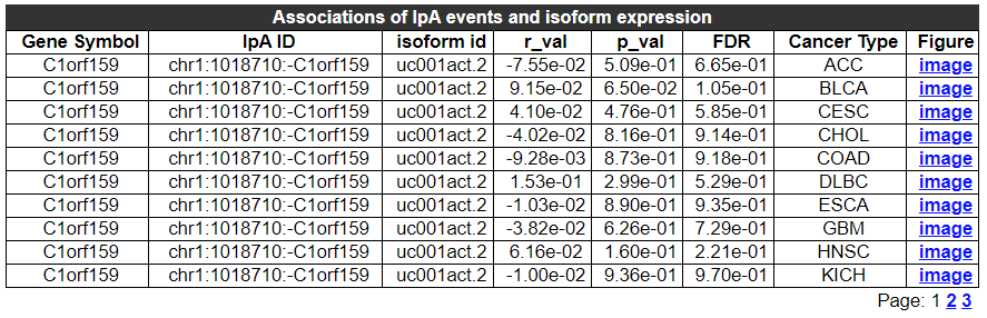 Associations of IpA events and isoform expression - An image showing the result of IpA events and isoform expression, it gives the basic information of the result, including Gene Symbol,	IpA ID,	isoform id,	r_val,	p_val,	FDR and	Cancer Type