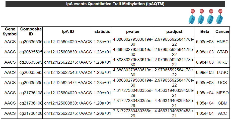 IpA events dysregulated by SNPs - An image showing the analysis result of IpA events dysregulated by SNPs, it gives the basic information including Gene Symbol,	IpA ID,	rs_id,	ref,	alt,	hexamers_ref,	hexamers_alt,	snp_affect_pas and	variant_position. It shows the result of SNPs_affect_PAS and SNPs_affect_PAS_reverse in This image category.