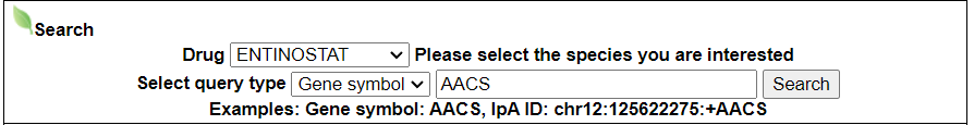 Search page of AACS - An image showing the gene search bar of searching example gene AACS. The user can search the gene via gene symbol AACS or IpA ID chr12:125622275:+AACS